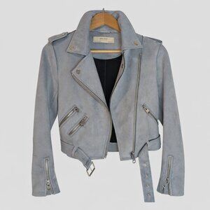 Zara Faux Suede Biker Moto Jacket Dusty Blue Belted Zip | Size S Mint Condition